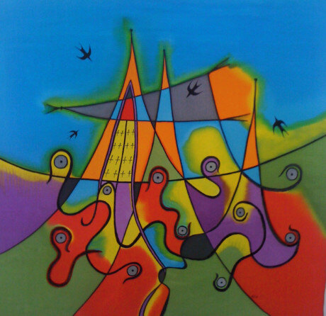 "Die Kirche hinter der Mauer", aus der Serie Über Träume und Erinnerungen, inspiriert von den Archetypen von Carl Jung. 60 x 60 cm